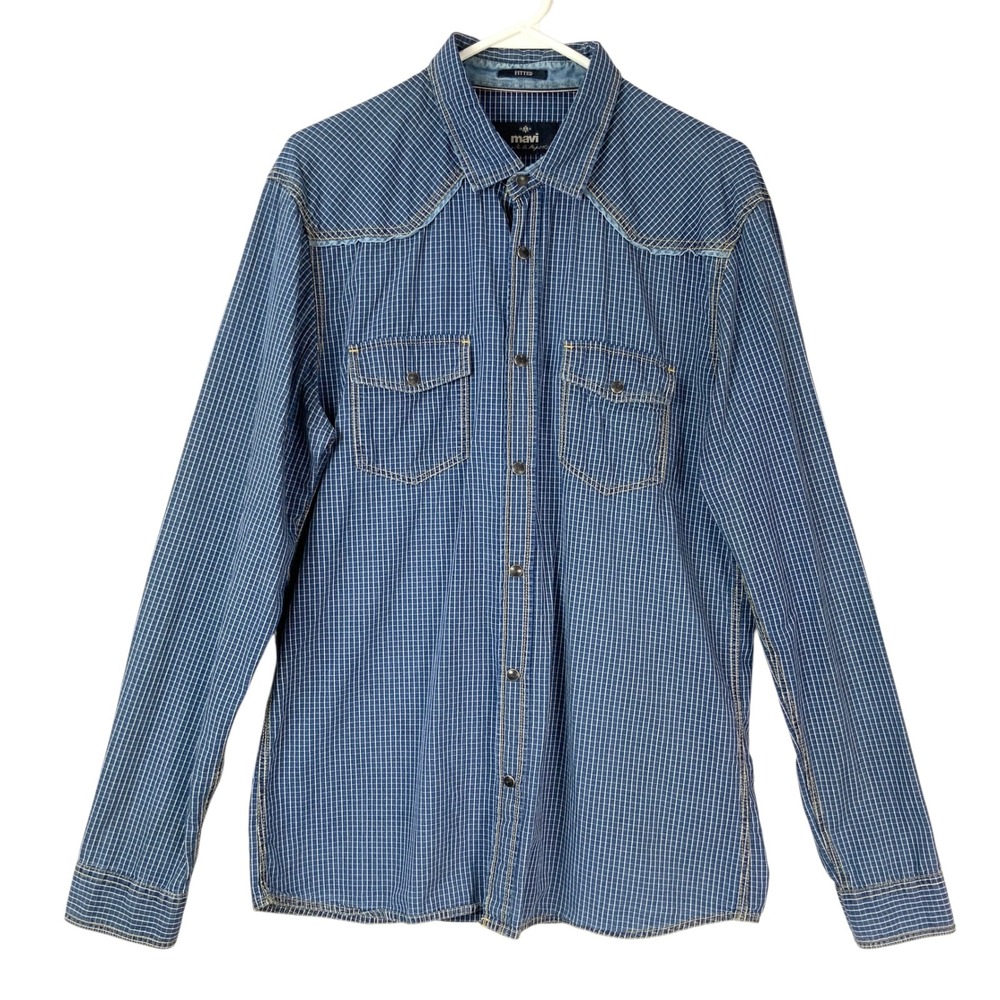 Mavi Blue Grid Western Snap Button Up Shirt Large Collared Long Sleeve Yoke